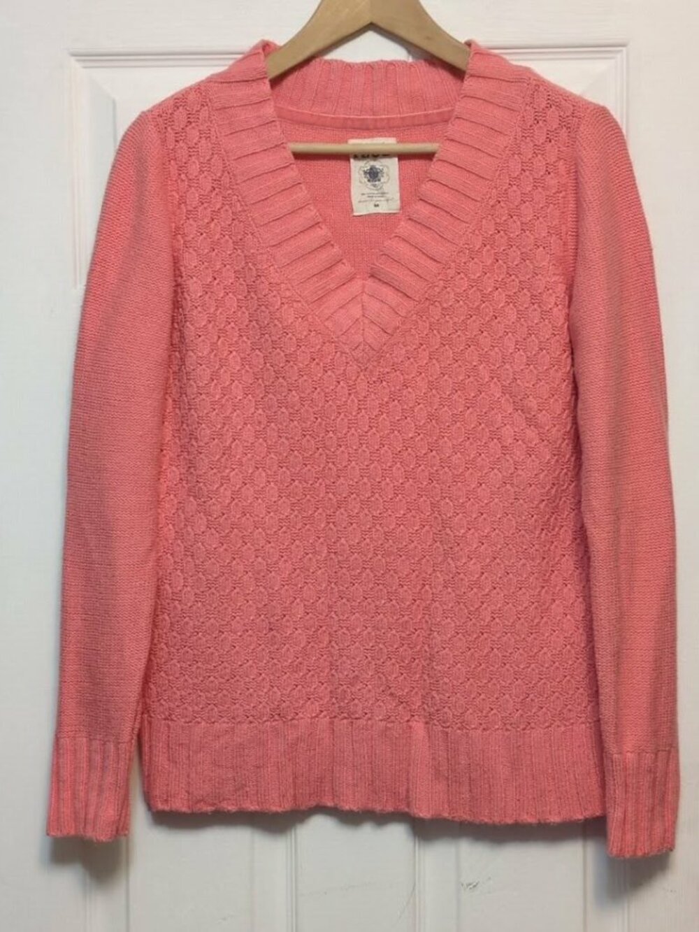 Vintage 90s Izod Club Textured Sz M V-Neck Sweater Coral Pink Preppy Tenniscore